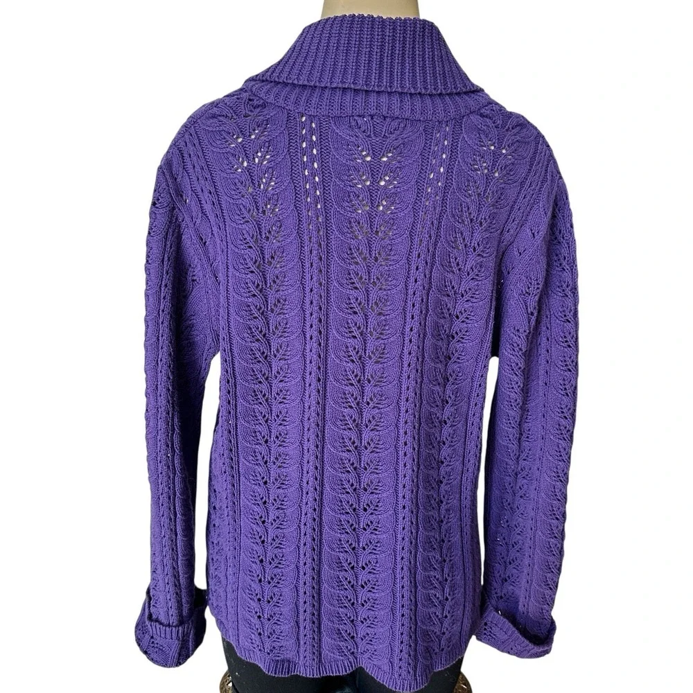 J Jill Knit Sweater Cardigan Medium Cable‎ Pointelle Purple Cotton Blend Chunky - Picture 6 of 12